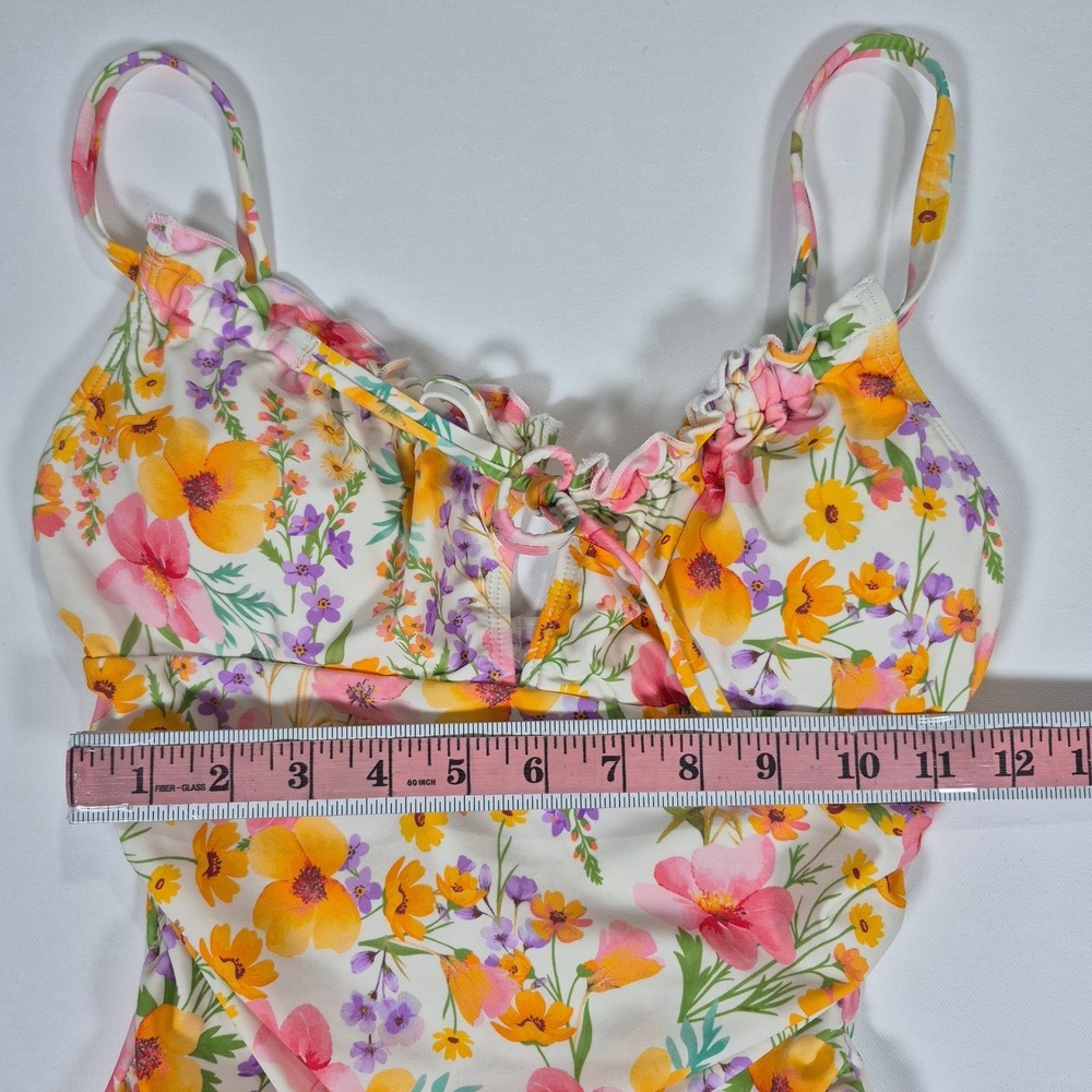 Cupshe Floral Ruched One Piece Swimsuit‎ Multi Color Ruffle Keyhole Small - Picture 3 of 11